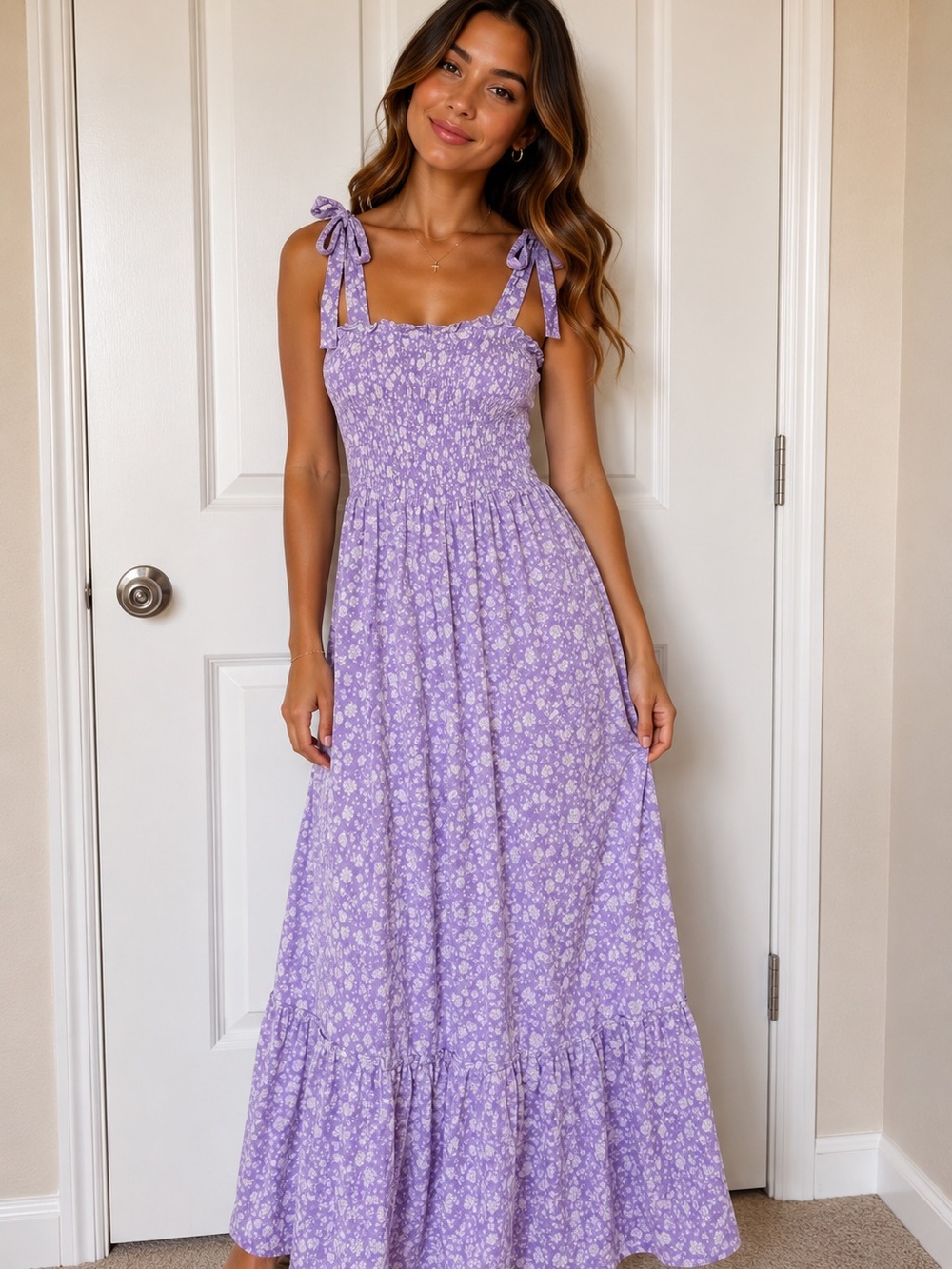 Lilac Floral Tie-Shoulder Maxi Dress